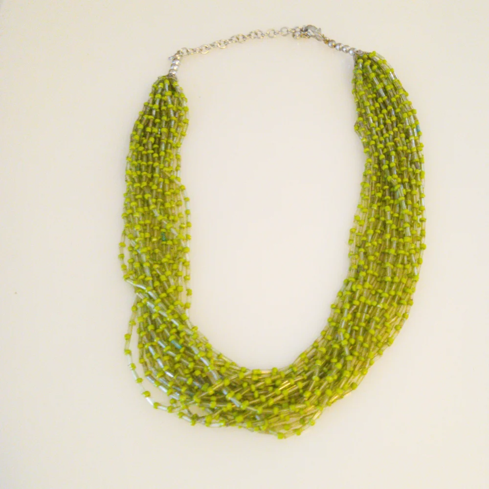 Vibrant Green and Blue Multi-Strand Necklace with Seed Beads